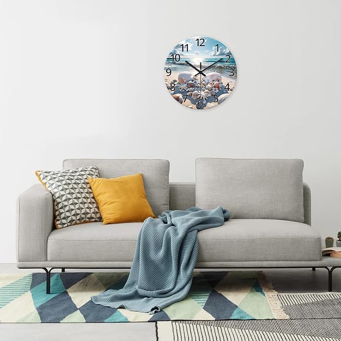 XNM 24 Inch Blue Sea Shell Office Wall Clock Modern Glass Large Wall Clocks Battery Operated Nautical Silent Clock for Wall
