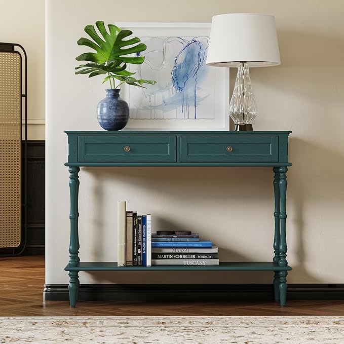 ARTPOWER Console Table for Entryway with 2 Drawers-Minimal Assembly,Green Retro Entryway Table with Storage Cabinets and Open Shelf,Narrow Long Couch Table Behind Sofa for Living Room,Foyer,Hallway