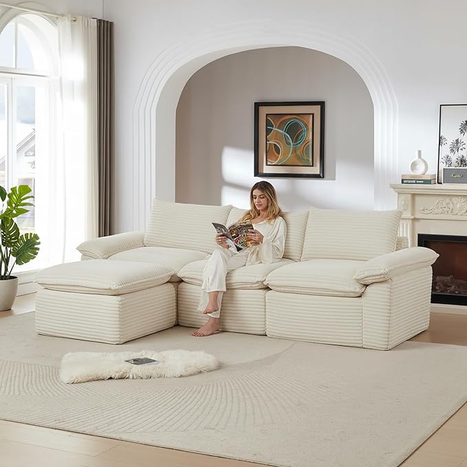 111" Cloud Sectional Couch with L-Shaped Chaise, Corduroy Sectional Sofa with Ottoman, Boneless Couch with Deep Seat in a Box for Living Room, No Assembly Required (White)