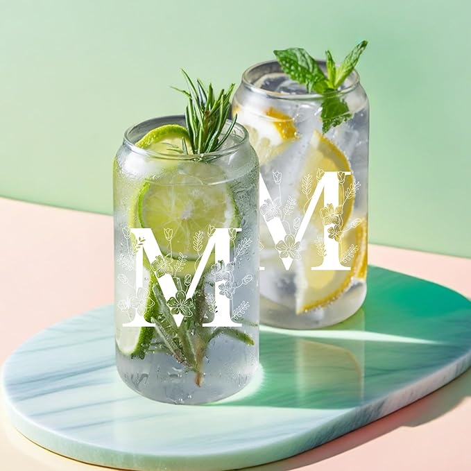 Unique Initial Glass Cup with Lids and Straws, Monogrammed Gifts Box Included Makeup Bag, Christmas Birthday Gifts for Women Mom Sister Grandma, M
