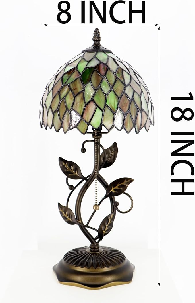 Small Tiffany Lamp Brown Green Leafage Style Stained Glass Table Lamps Desk Bedside Reading Light 8X8X18 Inches with Bronze Metal Leaf Resin Base