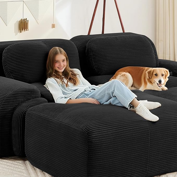 116" Modern Corduroy Cloud Sofa with Ottoman, L Shaped Boneless Modular Large Sectional Couches for Living Room, Black 3 Seater Compressed Memory Foam Couch, Extra Deep Seat, No Assembly