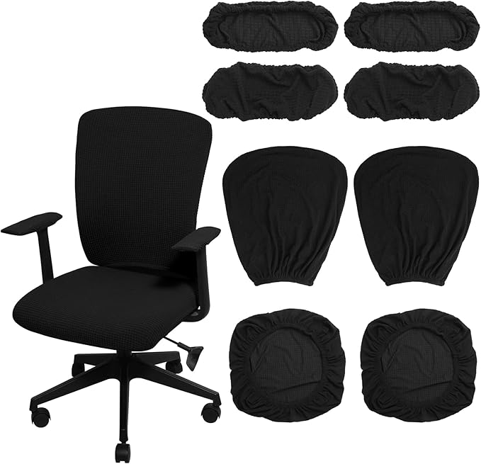 Tallew 8 Pcs Office Chair Covers Set Computer Universal Protective Stretchable Chair Seat Covers Desk Armrest Slipcovers Pads Office Cushion Backrest for Rotating (XL,Black)