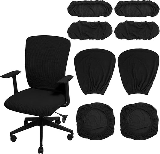 Tallew 8 Pcs Office Chair Covers Set Computer Universal Protective Stretchable Chair Seat Covers Desk Armrest Slipcovers Pads Office Cushion Backrest for Rotating (XL,Black)