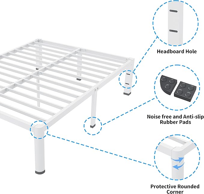 ROIL 14 Inch White King Bed Frame with Rounded Corner and Headboard Hole Mattress Retainers 3500LBS Heavy Duty Steel Slats No Box Spring Needed Platform Noise-Free Easy Assembly