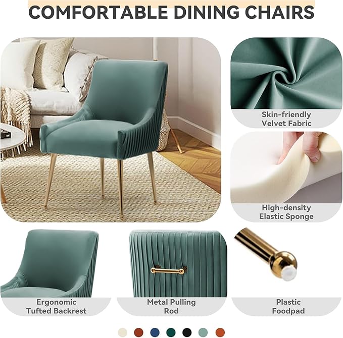 Dining Chairs, Accent Chairs Set of 8, Modern Upholstered Kitchen Dining Room Chairs with Gold Legs, Fabric Tufted Velvet Living Room Chairs for Reception Room Bedroom Guest Room (Green)