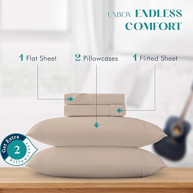 XOOX Linen 100% Egyptian Cotton Sheets California King Size - 1200 Thread Count 4 PC Cal King Egyptian Cotton, Soft, Cooling Sateen Weave, High Thread Count Sheets, Fits 17" Deep Pocket - Taupe