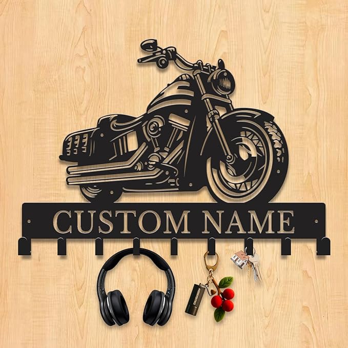 Personalized Motorcycle Metal Key Holder, Custom Last Name Metal Wall Sign, Hanging Storage Rack for Garage and Home Decor (Style-1)