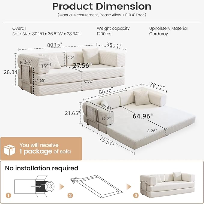 Folding Sofa Bed Convertable Corduroy Couch King Size Floor Sleeper 4-in-1 DIY Combination Modular Sofa Fold Out Futon Lounge Comfy Foldable Lazy cama for Living Room (Beige, 80.15'')