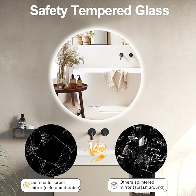 24 Inch Round LED Bathroom Mirror Backlit Anti-Fog 3 Colors Light Dimmable Wall Mounted Lighted Bathroom Vanity Mirror Smart Makeup Mirror with Touch Switch