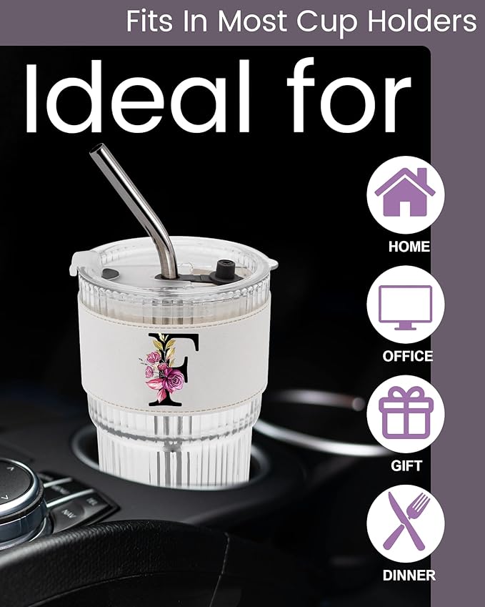 MNZZ Monogram Glass Cup with Lid Straw Ribbed Ice Tea Coffee Matcha Moving Away Leaving Goodbye Latte Clear Tumbler Farewell Going Women Coworker Teacher Friends Boss Neighbors Basic Training Gifts F