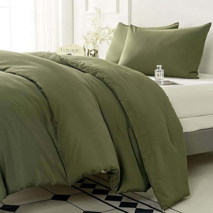 Green Full Comforter Set - 3 Pieces Army Green Bedding Comforter Set - Soft, Lightweight, Warm & Fluffy - 1 Comforter, 2 Pillowcases