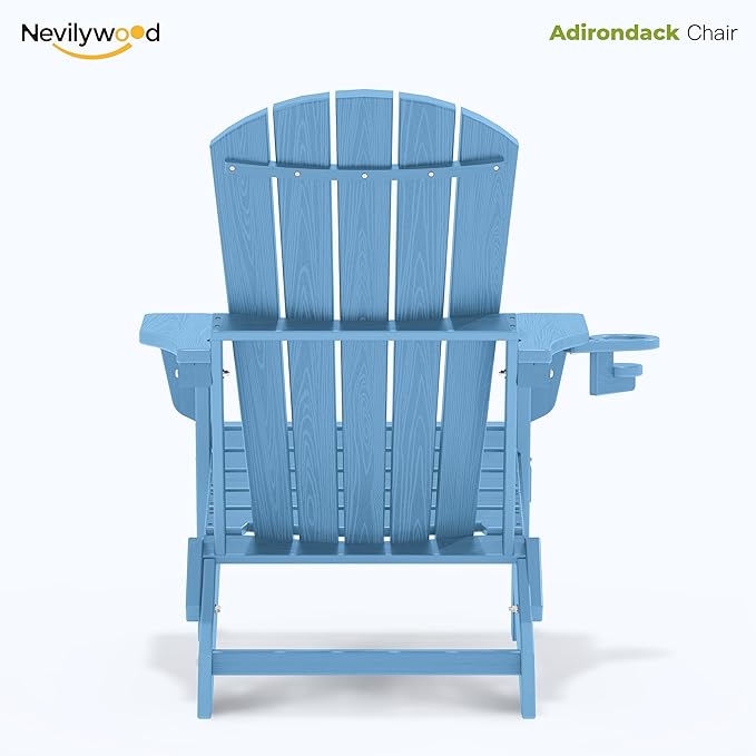 nevilywood Folding Adirondack Chair with Cup Holder Set of 4, HDPE Patio Chairs,All-Weather Outdoor Chairs for Backyard, Deck,Fire Pit-LightBlue