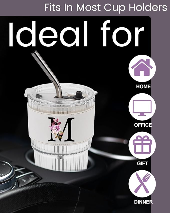 MNZZ Monogram Glass Cup with Lid Straw Ribbed Ice Tea Coffee Matcha Latte Clear Tumbler Regalos Mujer Vasos Asthetic Special Personalized Gift Mother Vidrio Day Mama Mommy Bonus Best Mom Ever Cute M