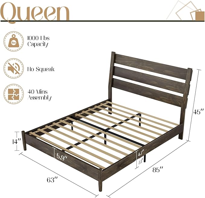 VanAcc Solid Wood Queen Bed Frame, Platform Bed with Reclining Slatted Headboard, Mid Century Bed Frame with Wood Slat Support, Dark Brown