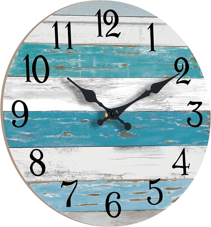Wall Clock Battery Operated 8 Inch Outdoor Beach Style Blue Coastal Retro Silent Non Ticking Decorative for Bathroom Kitchen Living Room Bedroom