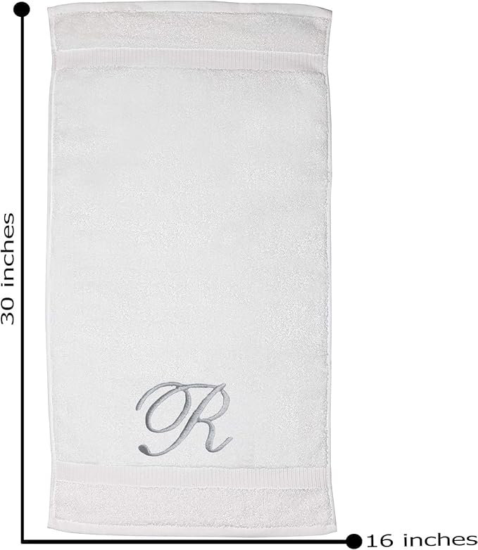 White Monogrammed Hand Towels for Bathroom - Luxury Hotel Quality Personalized Initial Embroidered Towel for Powder Room, Spa - GOTS Organic Certified - Set of 2 Silver Letter R