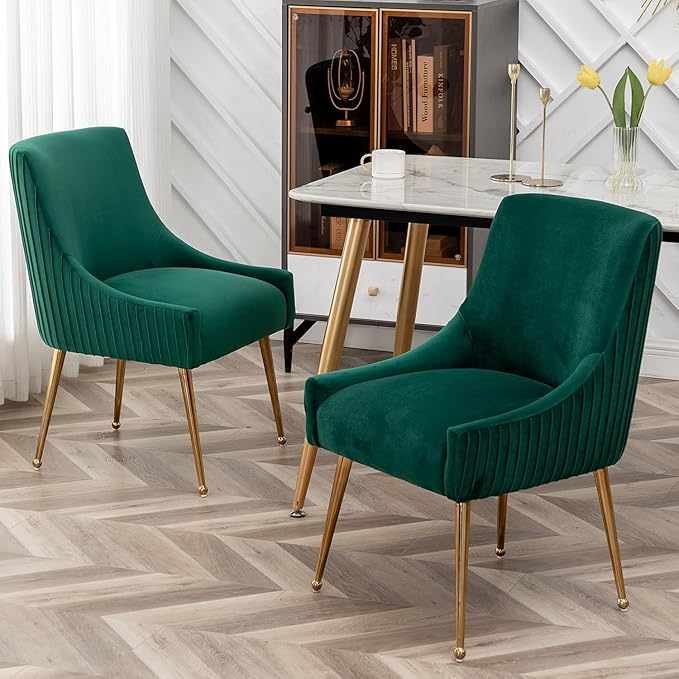 Dining Chairs, Accent Chairs Set of 4, Modern Upholstered Kitchen Dining Room Chairs with Gold Legs, Fabric Tufted Velvet Living Room Chairs for Reception Room Bedroom Guest Room (Deep Green)