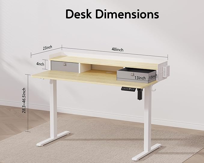 48x24 Inches Electric Standing Desk with 2 Drawers, Height Adjustable Stand up Desk for Home Office, Ergonomic Sit to Stand Table with Storage Shelf, DIY Board, Hooks, Oak