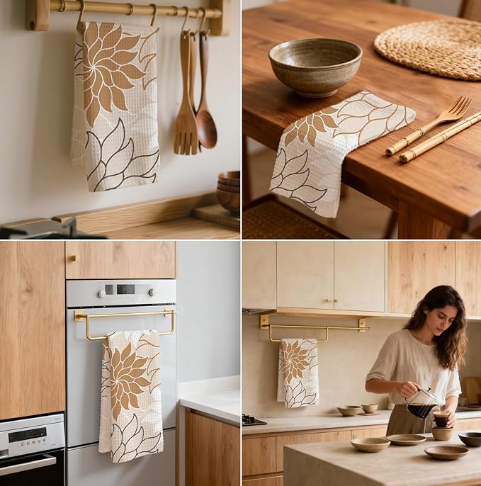 Boho Floral Abstract Waffle Towels, Flower Hand Towel for Bathroom Decor, 16x24 Inch Neutral Brown Flower Dish Tea Towel Decor for Kitchen/Bath/SPA