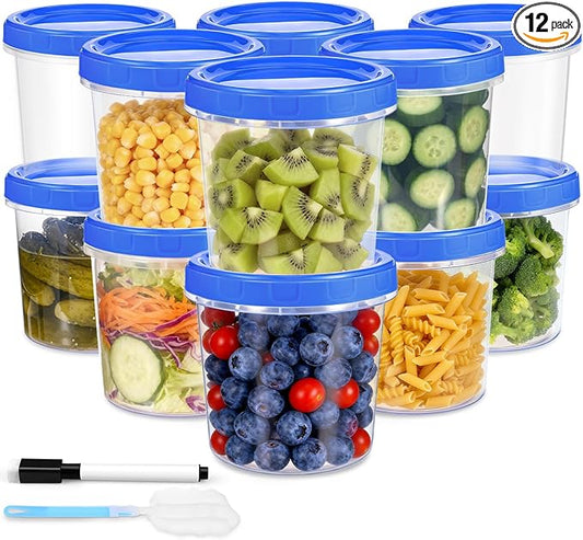 12 Pcs 32 oz Freezer Storage Containers for Soup, Plastic Containers with Screw Top Lids, Reusable Clear Food Storage Containers with Pen and Brush, Microwave & Dishwasher Safe