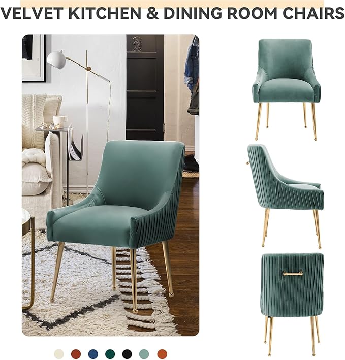 Dining Chairs, Accent Chairs Set of 4, Modern Upholstered Kitchen Dining Room Chairs with Gold Legs, Fabric Tufted Velvet Living Room Chairs for Reception Room Bedroom Guest Room (Green)
