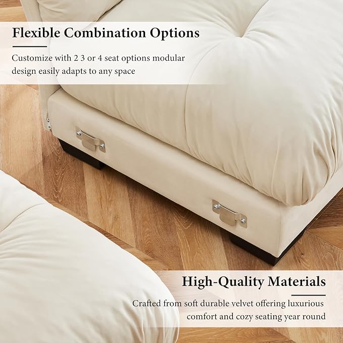130" Oversized 3 Seater Modular Sectional Sofa, Beige White Large U Shaped Sectional Couches for Living Room, Fluffy Couch Set, Velvet Cloud Couch with Ottoman