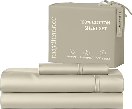 100% Natural Cotton Bed Sheets | 500 TC Single-Ply Sateen Weave Twin Sheets Set | Breathable & Hypoallergenic Solid 3-Piece Bedding with Deep Pocket Fitted, Flat, Pillowcase | Cream Beige
