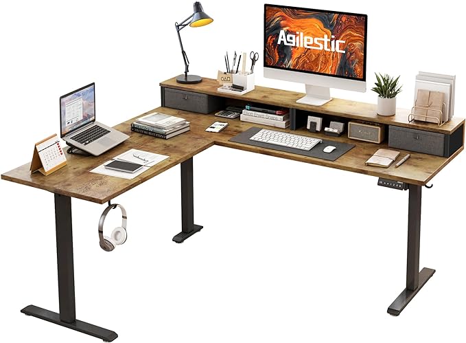 Agilestic L Shaped Electric Standing Desk with 2 Drawers, 63 Inch Ergonomic Adjustable Height Desk with Storage, Corner Desk Sit Stand up Computer Table for Work Office Home, Rustic Brown