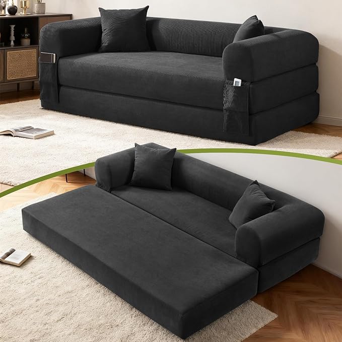 Convertible Folding Sofa Bed,80" Pull Out Couch with Pillows & Storage Pocket,Modular Futon Bed Corduroy Queen Sleeper Sofa in a Box,Compression Boneless Couch for Living Room,Deep Gray