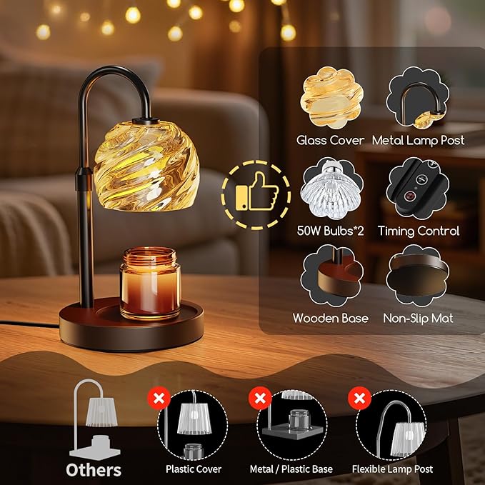 Candle Warmer Lamp with Timer Dimmer, Electric Candle Warmer with Adjustable Height for Home Decor, Christmas Birthday Gifts for Women Men Mom, Wax Melter for All Jar Sizes, 2Bulbs,Black