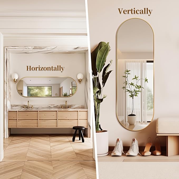 Oval Full Length Mirror, 65"×22" Wall-Mounted Floor Mirror with Metal Frame, Ultra-Clear Explosion-Proof Dressing Mirror, Simple and Classic Deco for Cloakroom/Bedroom/Living Room, Gold