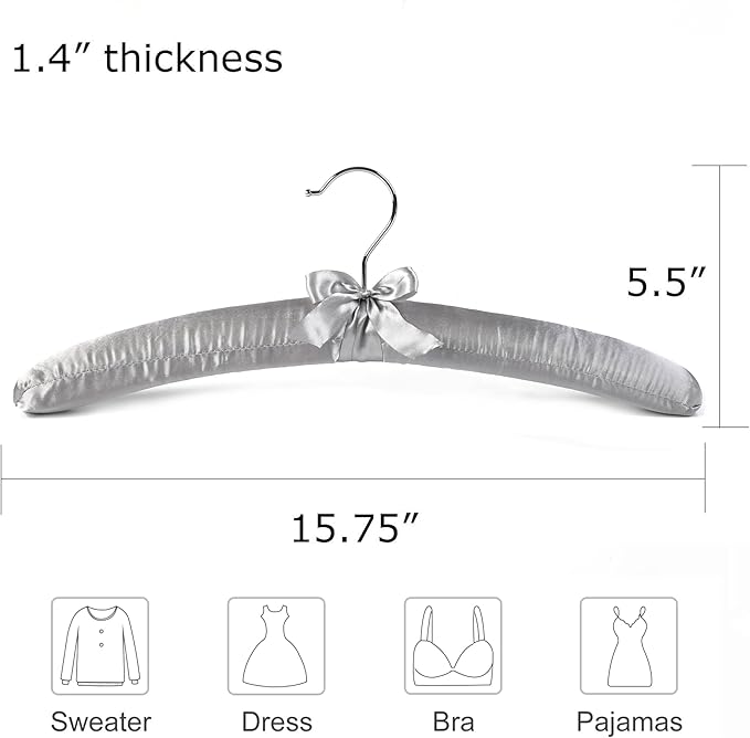 Grey Satin Padded Sweater Hangers 5 Pack, Blouse Hanger with Thick & Soft Foam for Bridal Wedding Dress Lingerie, Smooth Silk Covered Shirt Hanger Without Shoulder Bump