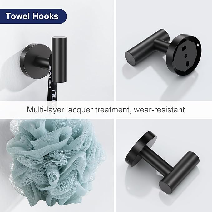 Lairuier Matte Black Bathroom Hardware Set, 10-Piece Towel Bar Set SUS304 Stainless Steel Bathroom Hardware Accessories Set Round Towel Holder Set Wall Mounted