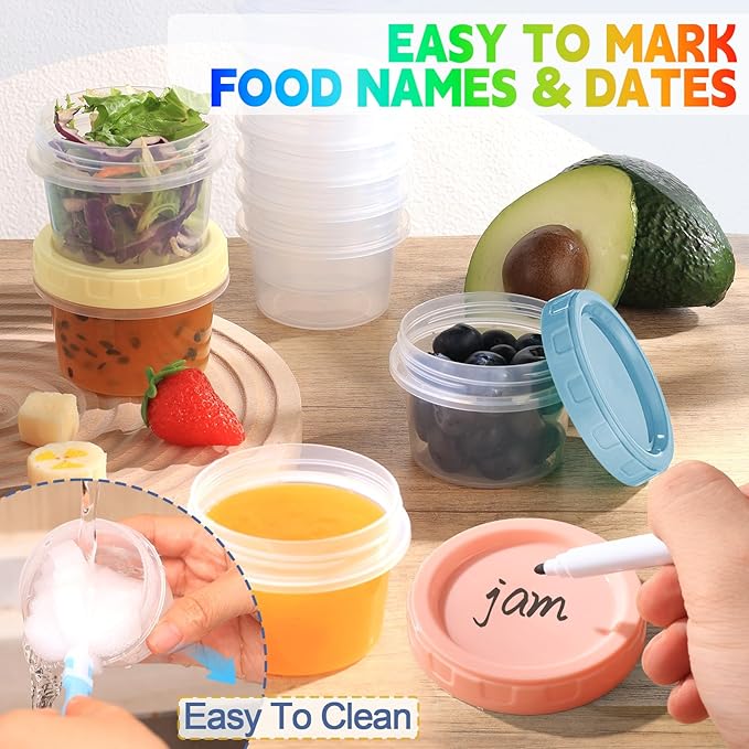 24pcs 4 oz Plastic Containers with Screw Lids, Reusable 1/2 Cup Small Food Storage Containers, Leakproof, Microwave Dishwasher Freezer Safe, with Pen and Brush