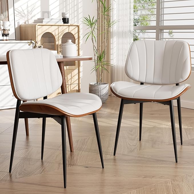 Dining Chairs Set of 6, Mid Century Modern Dining Room Chair, Upholstered Faux Leather Kitchen Chairs with Walnut Bentwood Back and Metal Legs for Kitchen Dining Room Living Room, White