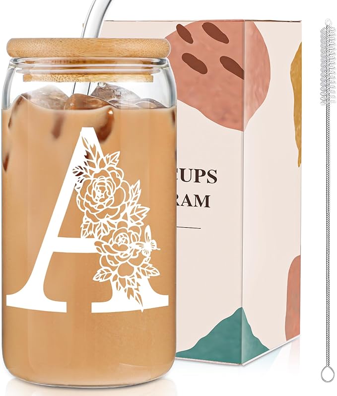 Birthday Gifts for Women: DWTS Initial Glass Cup as Office Graduation Memorial Holiday Personalized Gifts - for Husband Aunt Uncle Teen Boy Employee Coworkers Him and Her - A Aesthetic Cup
