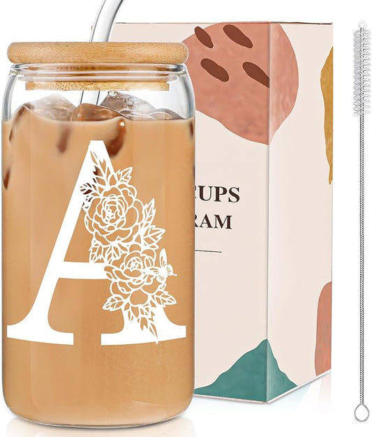 Birthday Gifts for Women: DWTS Initial Glass Cup as Office Graduation Memorial Holiday Personalized Gifts - for Husband Aunt Uncle Teen Boy Employee Coworkers Him and Her - A Aesthetic Cup