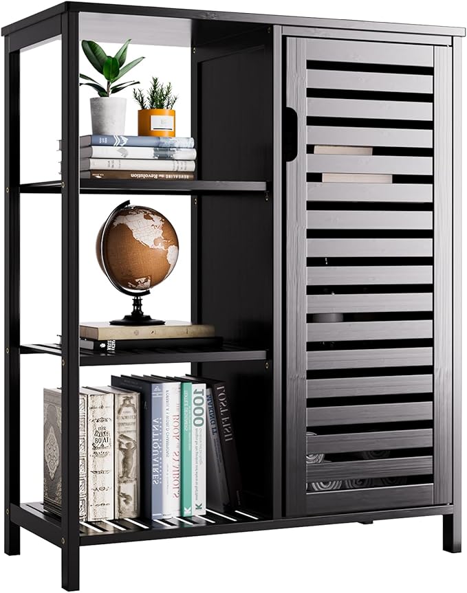 HITNET Black Bathroom Cabinet, Freestanding Storage Cabinet Bamboo Kitchen Floor Cupboard with Door and Shelf, Space Saving Side Storage Organizer for Living Room Bedroom Home Office