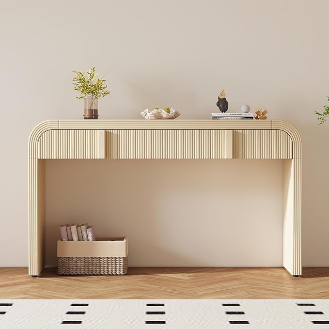 55'' Fluted Console Table with Storage Drawers, Wood Modern Curved Entryway Table with Storage for EntryWay, Hallway, Foyer (Beige)