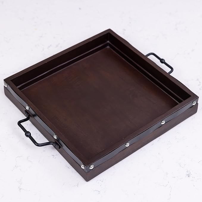 16"x16" Large Square Ottoman Tray, Heavy Duty Mango Wood, for Serving Tea, Breakfast in Bed, Living Room Large Coffee Table Tray Rustic with Farmhouse Style, Decorative Handles and Accent Strap