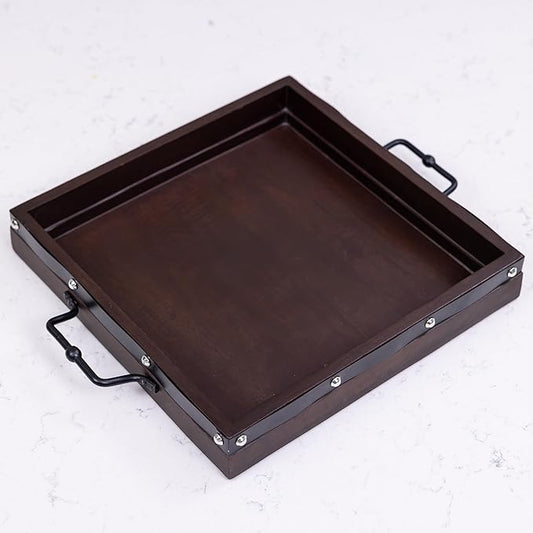 16"x16" Large Square Ottoman Tray, Heavy Duty Mango Wood, for Serving Tea, Breakfast in Bed, Living Room Large Coffee Table Tray Rustic with Farmhouse Style, Decorative Handles and Accent Strap