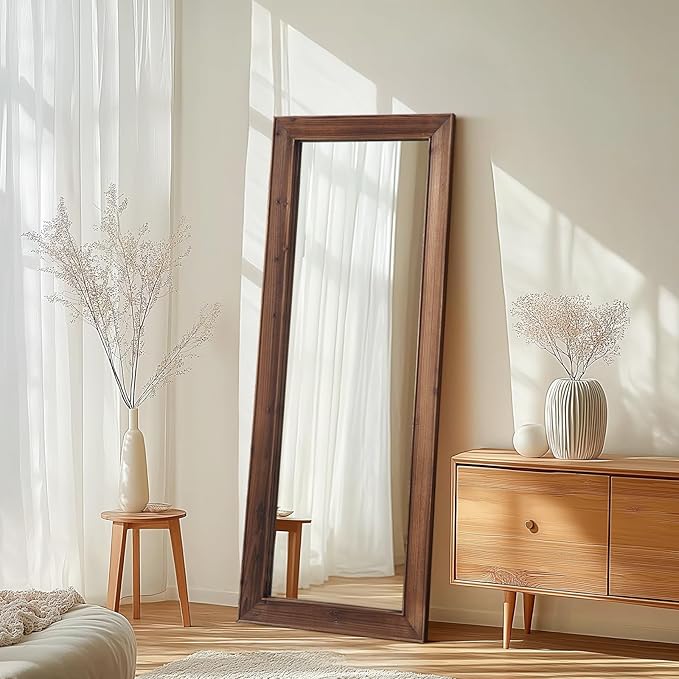 Rustic Floor Full Length Mirror Wood Frame, 56"X21" Farmhouse Free Standing Mirror for Bedroom Living Room Entryway, Hanging or Leaning Wall-Mounted, Tempered Glass, Brown