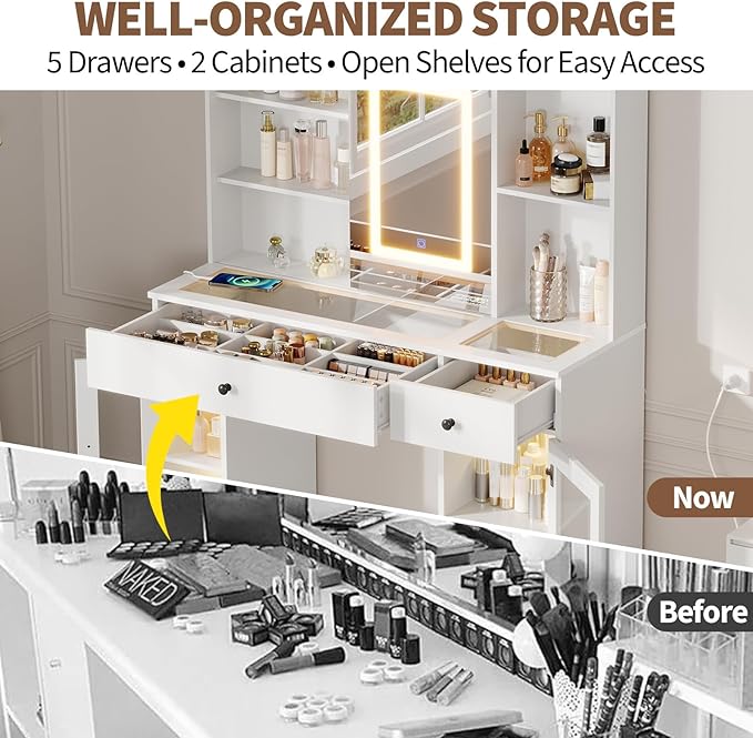 Vanity Desk with Mirror and Lights, Glass Top Vanity Desk with Sliding LED Mirror & 3-Color Lights, Makeup Dressing Table with Storage Drawers, Rainbow Glass Cabinets, USB/AC Outlets, MDF Beauty Hub