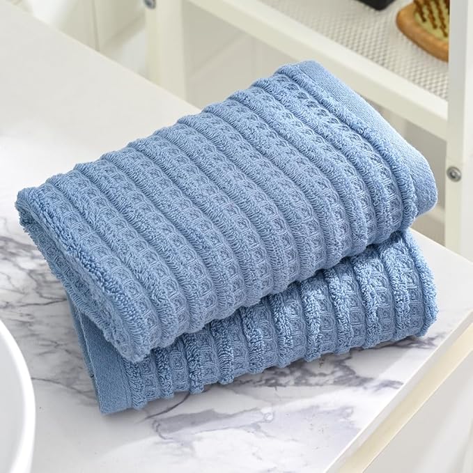 sense gnosis Blue Hand Towel Set of 2 Ultra Soft 100% Cotton Waffle Terry Striped Absorbent Lightweight Fast Drying Decorative Hand Towels for Bathroom 13" X 29"