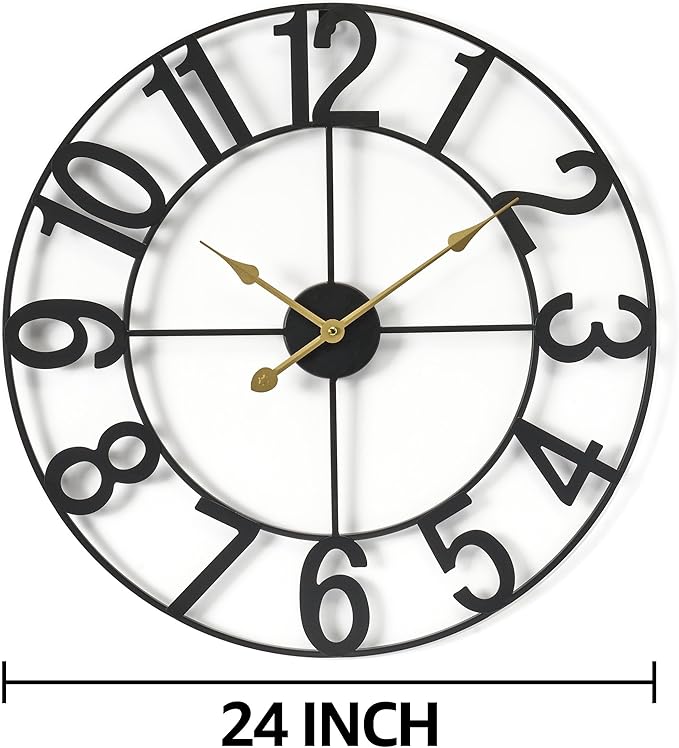Sorbus 24-Inch Large Wall Clock – Decorative Black Metal Clock with Gold Hands – Silent, Battery Operated, Modern Wall Decor for Living Room, Kitchen, or Office – Great Gift for Housewarming or Office