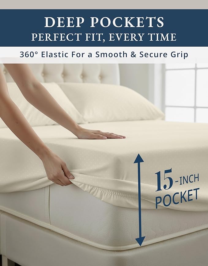 LANE LINEN 100% Egyptian Cotton Sheets Twin XL, Soft & Comfy Thick Fully Elasticized Mercerized Sheet Set Cotton, No Pill Fade Resistant Elegant Jaquard Twin Bedding - Swiss Dot Ivory