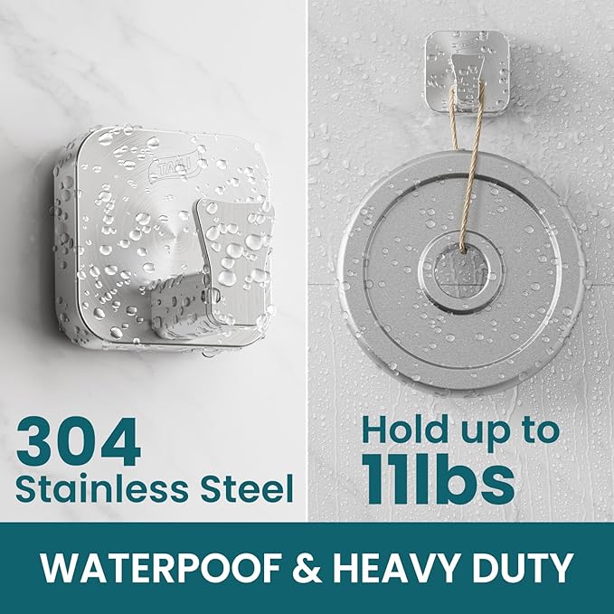 TAILI Stylish 304 Stainless Steel Bathroom Suction Hooks for Towel, Bathrobe, Loofah, No Damage Hanging Glass Shower Wall Hook, Patented Strong Suction Cup Holder, Hold Up to 11 Lbs, A-Cuboid Silver