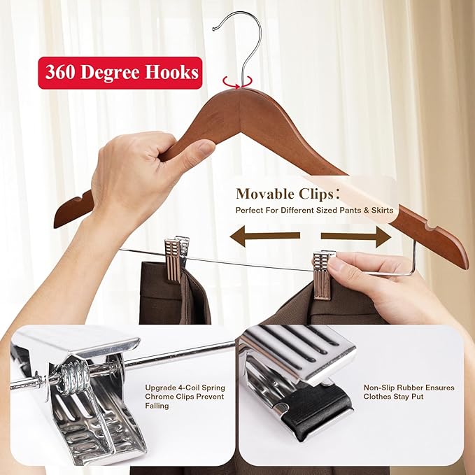 Wooden Pants Hangers 12 Pack With Clips - Adjustable Heavy Duty for Skirts, Jeans, Slacks, Shorts (Walnut)