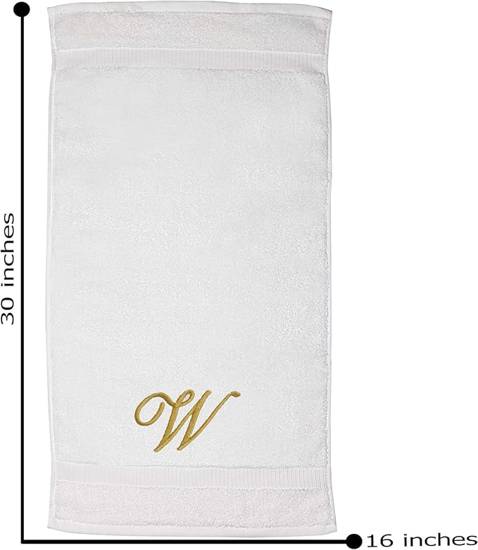 White Monogrammed Hand Towels for Bathroom - Luxury Hotel Quality Personalized Initial Embroidered Towel for Powder Room, Spa - GOTS Organic Certified - Set of 2 Gold Letter W